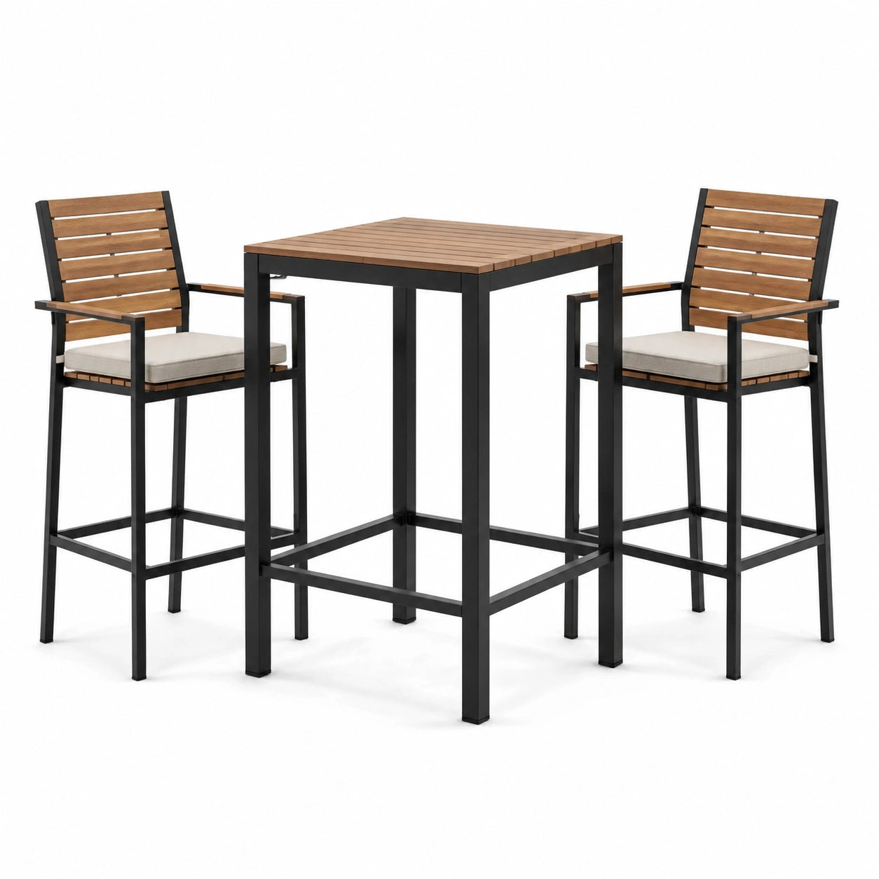 Metall- und Holzbartisch-Set in Schwarz mit 1 Tisch und 2 Stühlen