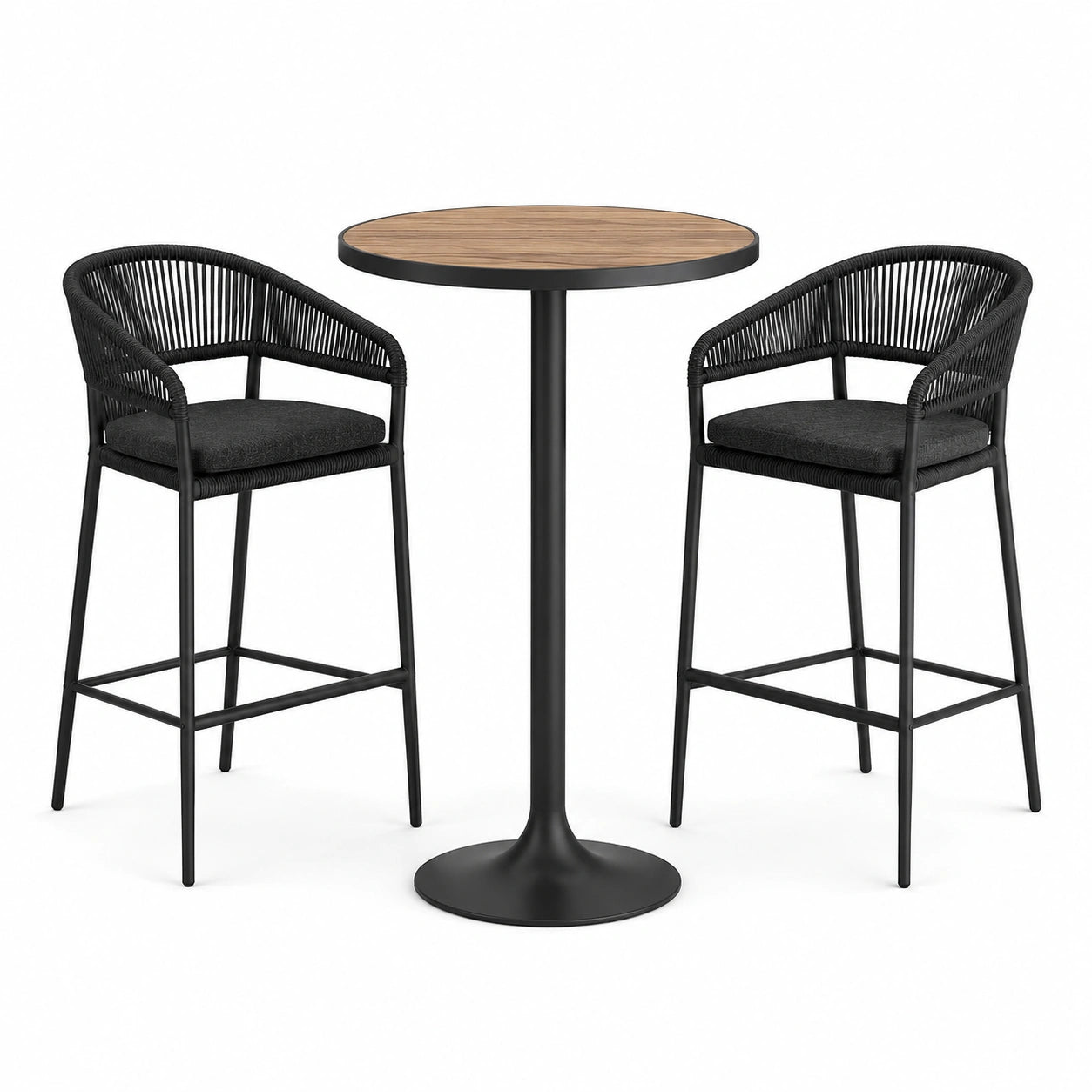 Bartisch-Set Rund Schwarz Metall mit Holzfurnier 105 cm mit 2 Hockern