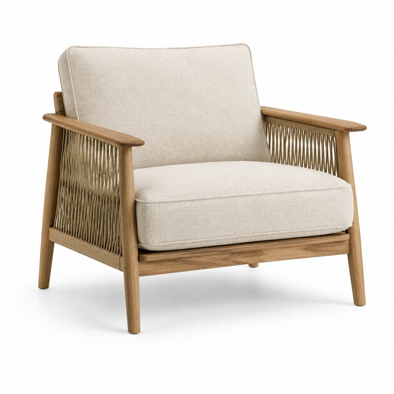 Sessel Eichenholzrahmen Beige Polyester Seilgeflecht