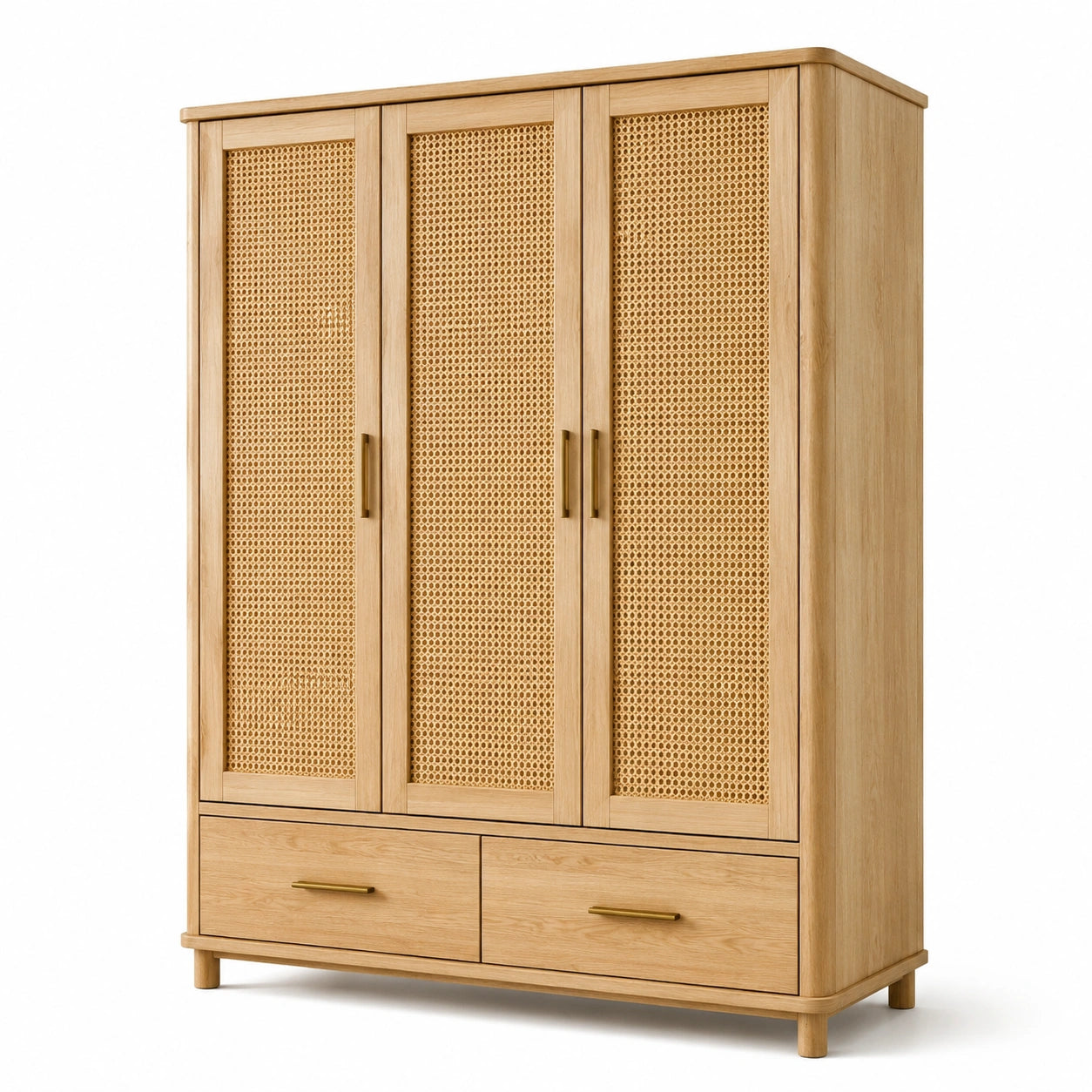 Kleiderschrank aus Eiche mit Rattan, 3 Türen, 2 Schubladen, Natur